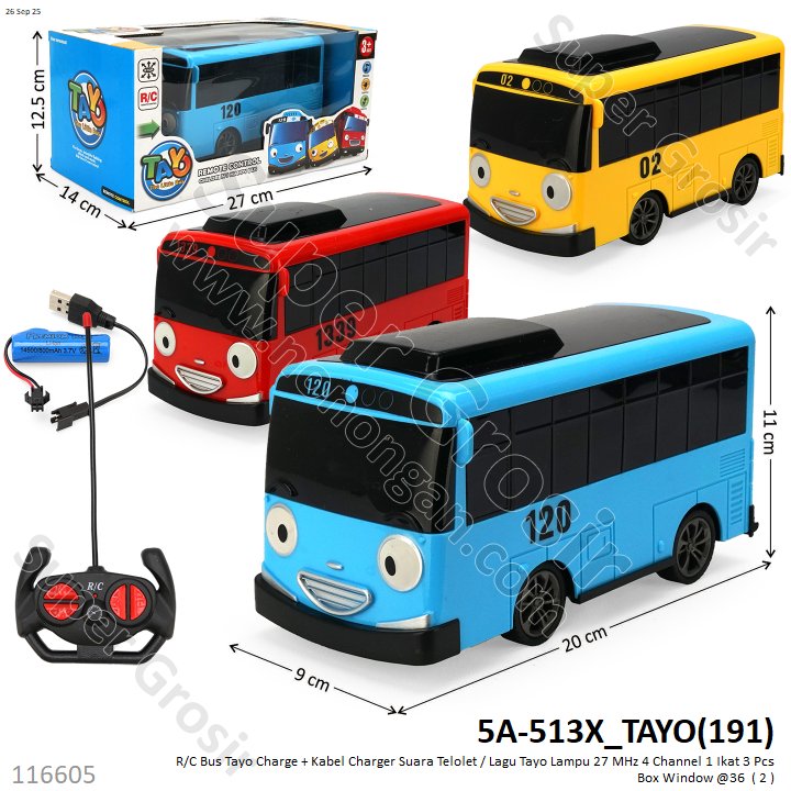 R/C Bus Tayo Charge + Kabel Charger Suara Telolet / Lagu Tayo Lampu 27 MHz 4 Channel 1 Ikat 3 Pcs Box Window @36