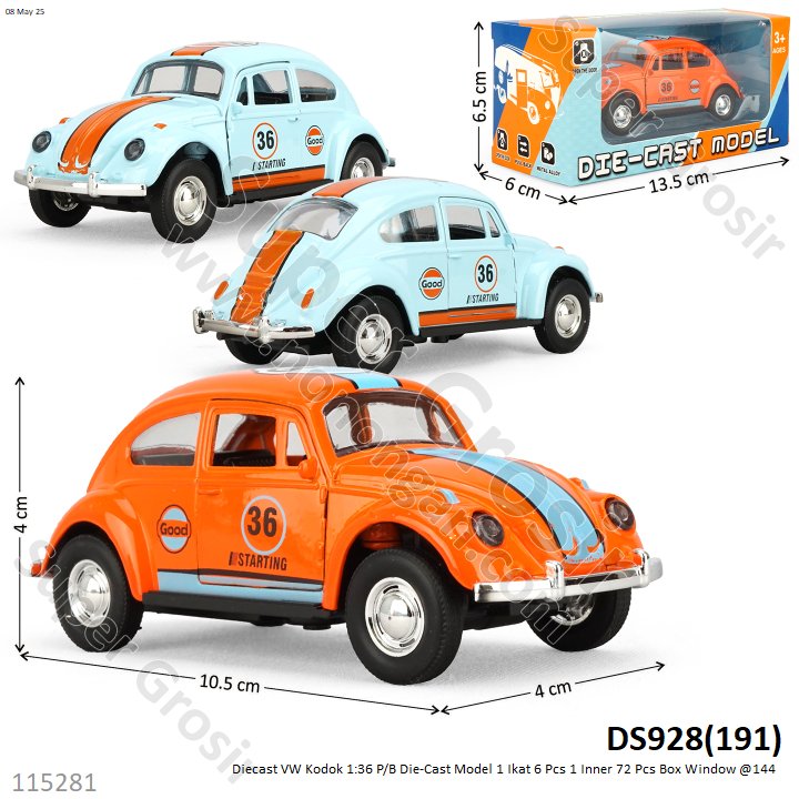 Diecast Mobil VW Beetle P/B 1:36 Die-Cast Model 1 Ikat 4 Pcs 1 Inner 72 Pcs Box Window @144