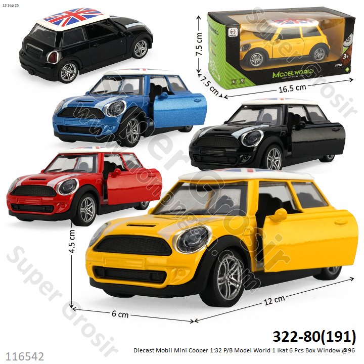 Diecast Mobil Mini Cooper 1:32 P/B Model World 1 Ikat 6 Pcs Box Window @96