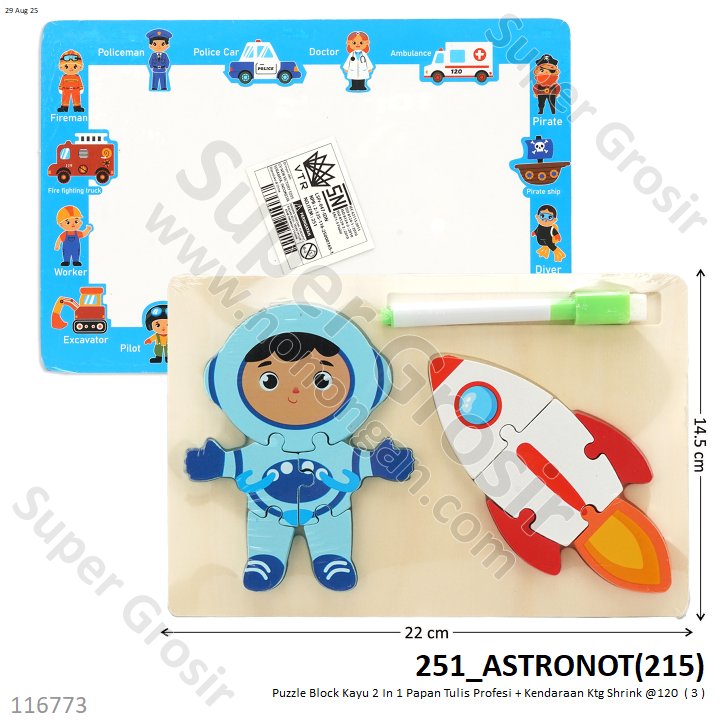 Puzzle Block Kayu 2 In 1 Papan Tulis Profesi + Kendaraan Ktg Shrink @120