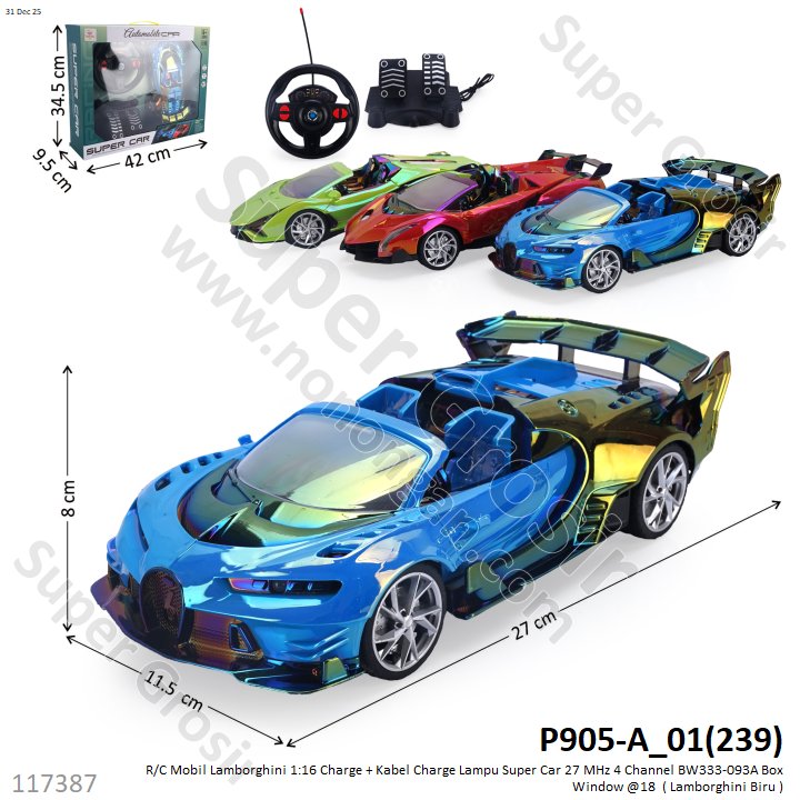 R/C Mobil Lamborghini 1:16 Charge + Kabel Charge Lampu Super Car 27 MHz 4 Channel BW333-093A Box Window @18