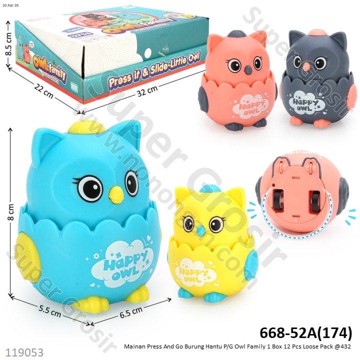 Mainan Press And Go Burung Hantu P/G Owl Family 1 Box 12 Pcs Loose Pack @432