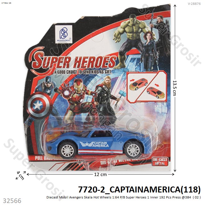 Diecast Mobil Sedan Avengers P/B Super Heroes 6 Karakter 1 Inner 192 Pcs Press @384