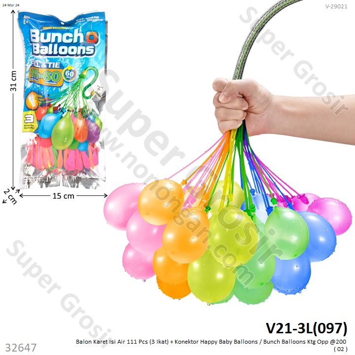 Balon Karet Perang Bom Air 111 Pcs (3 Ikat) + Konektor Happy Baby Balloons / Bunch Balloons V21-3L Ktg Opp @250