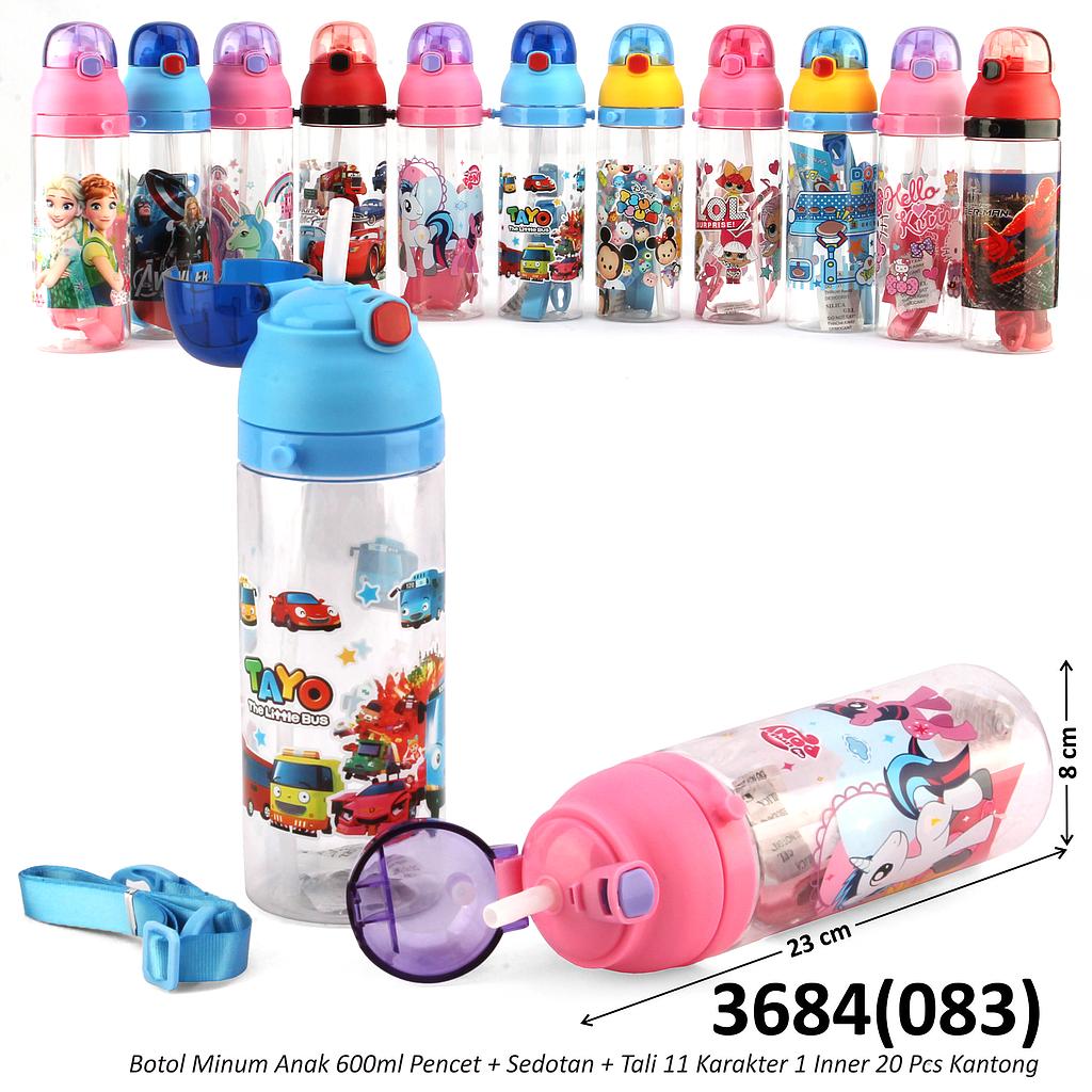 Botol Minum Anak 600ml Pencet + Sedotan + Tali 11 Karakter 1 Inner 20 Pcs Ktg @120