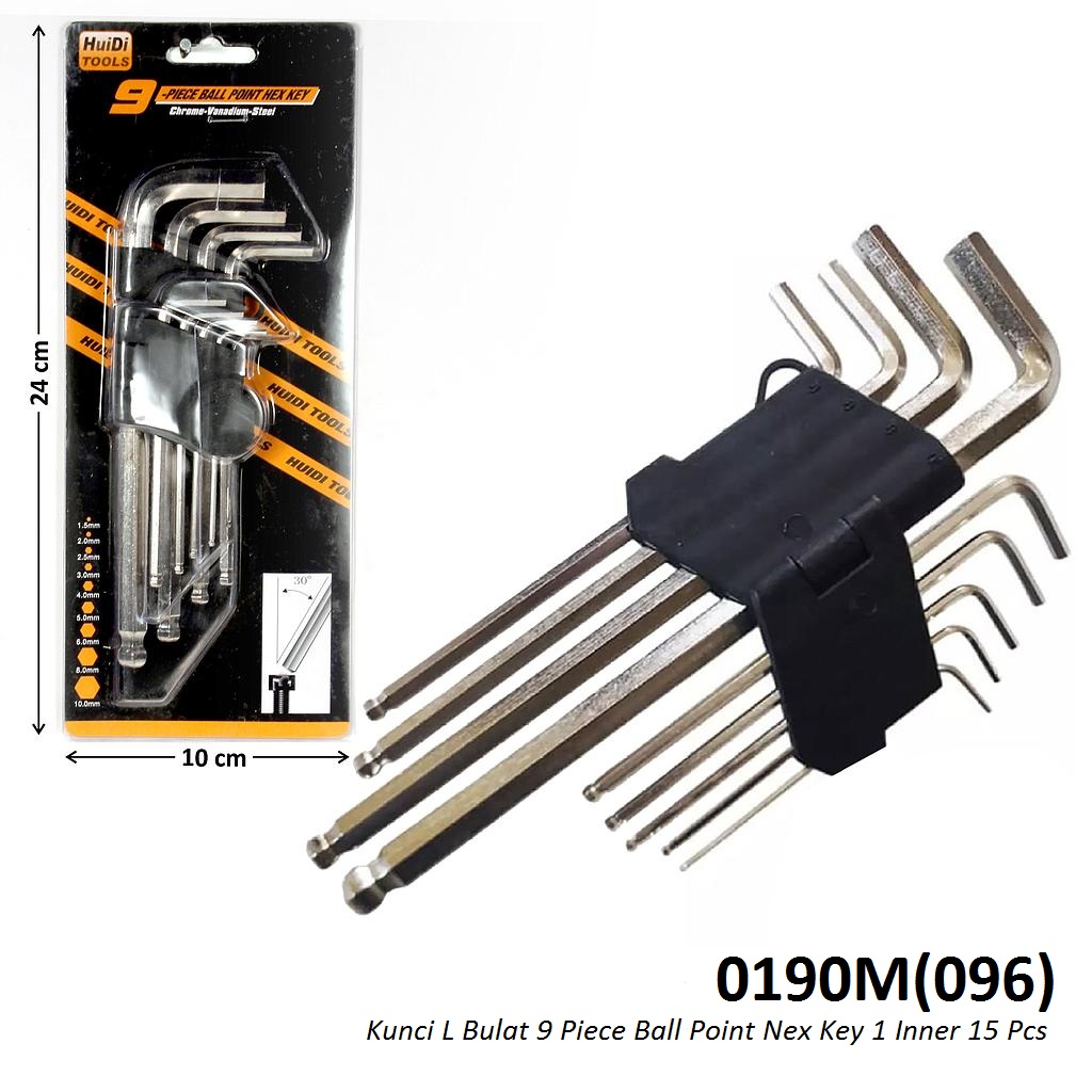 Kunci L 2 Sisi Segi 6 dan Bulat (Ball Point - Hex Key) 9 Pcs Pendek Huidi Tools 1 Inner 15 Pcs Mika @60