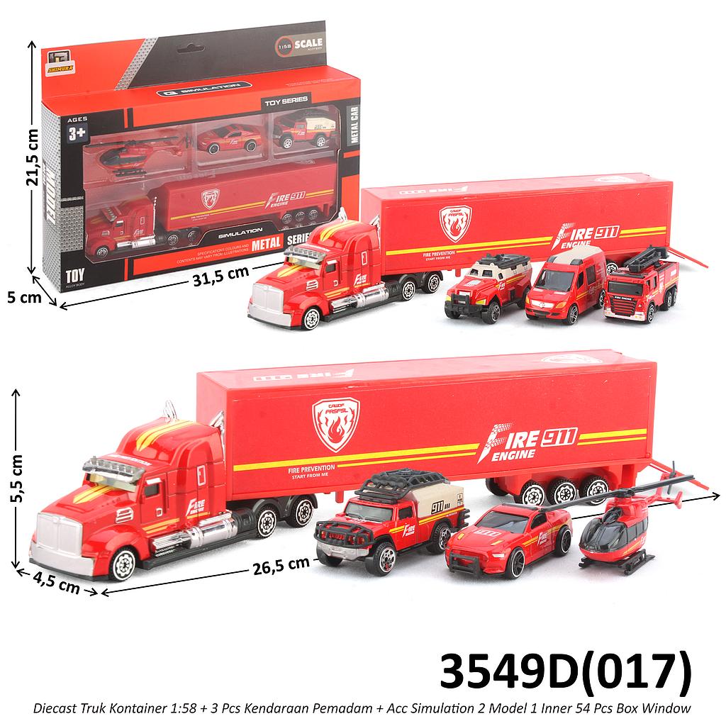 Diecast Kendaraan Damkar Set 1:58 Truk Kontainer 27 cm + Kendaraan 3 Pcs Simulation 2 Model 1 Inner 54 Pcs Box Window @108
