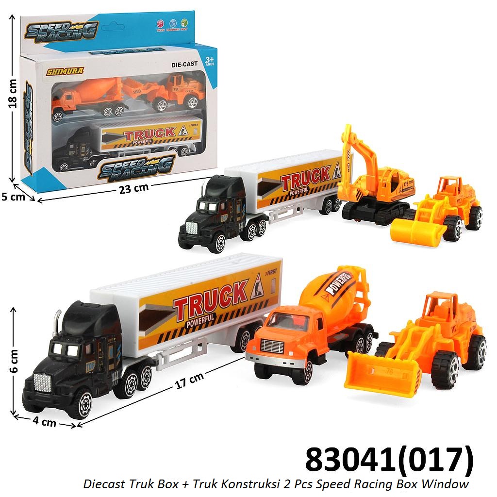 Diecast Truk Set 3 Pcs Truk Kontainer 17 cm + Truk Konstruksi 2 Pcs 1:64 Speed Racing Box Window @144