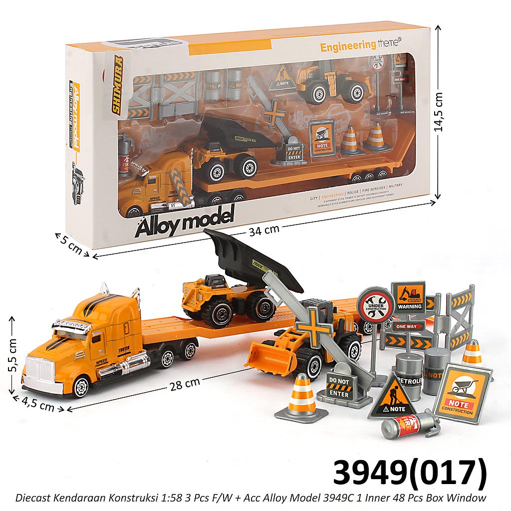Diecast Kendaraan Konstruksi Set Truk Transporter + Truk Konstruksi 2 Pcs F/W + Acc 1:58 Alloy Model 3949C 1 Inner 48 Pcs Box Window @96