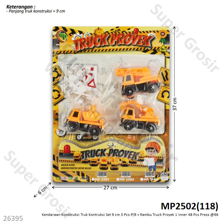 Kendaraan Konstruksi Truk Kontruksi Set 9 cm 3 Pcs P/B + Rambu Truck Proyek 1 Inner 48 Pcs Press @96