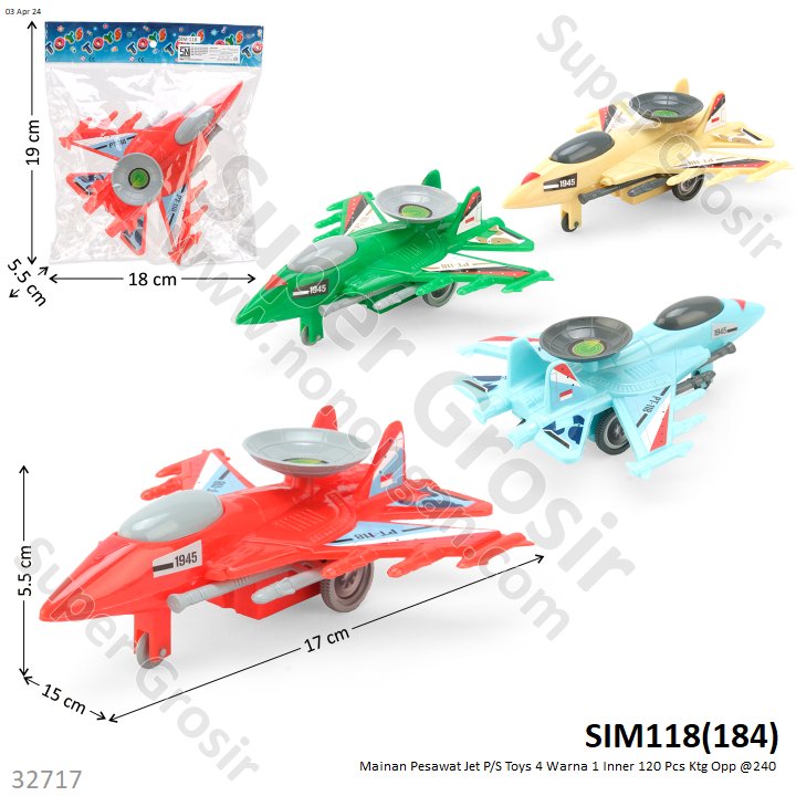 Mainan Tarik Pesawat Tempur P/S 17 cm Toys 4 Warna 1 Inner 120 Pcs Ktg Opp @240