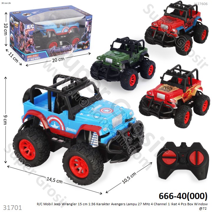 R/C Mobil Jeep Wrangler 15 cm 1:36 Karakter Avengers Lampu 27 MHz 4 Channel 1 Ikat 4 Pcs Box Window @72