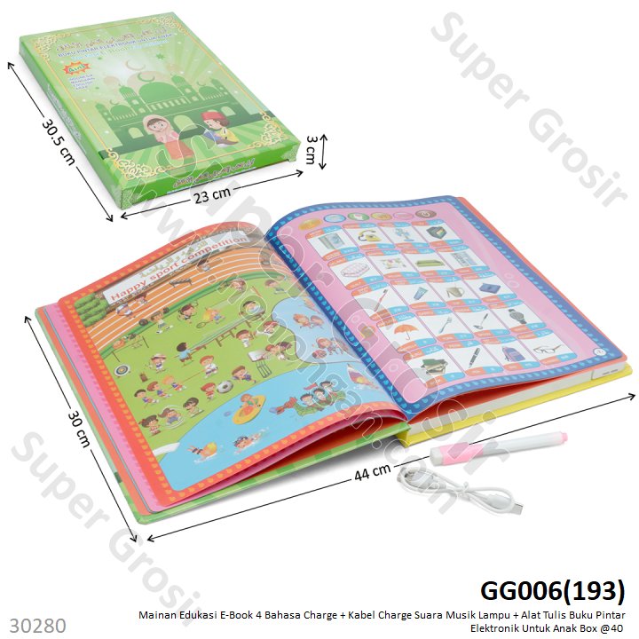 Mainan Edukasi E-Book 4 Bahasa Charge + Kabel Charge Suara Musik Lampu + Pen Buku Pintar Elektronik Untuk Anak Box @40