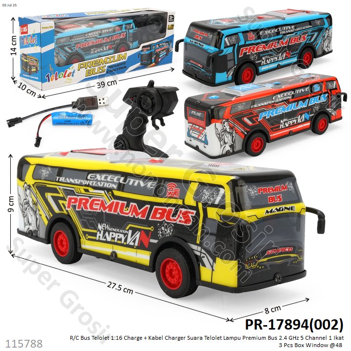 R/C Bus Telolet 1:16 Charge + Kabel Charger Suara Telolet Lampu Premium Bus 2.4 GHz 5 Channel 1 Ikat 3 Pcs Box Window @48