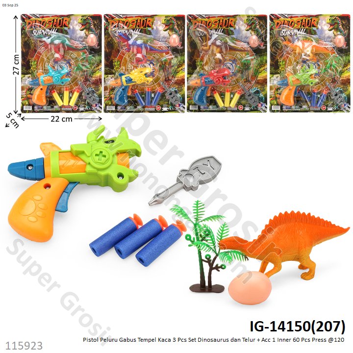 Pistol Peluru Gabus Tempel Kaca 3 Pcs Set Dinosaurus dan Telur + Acc 1 Inner 60 Pcs Press @120