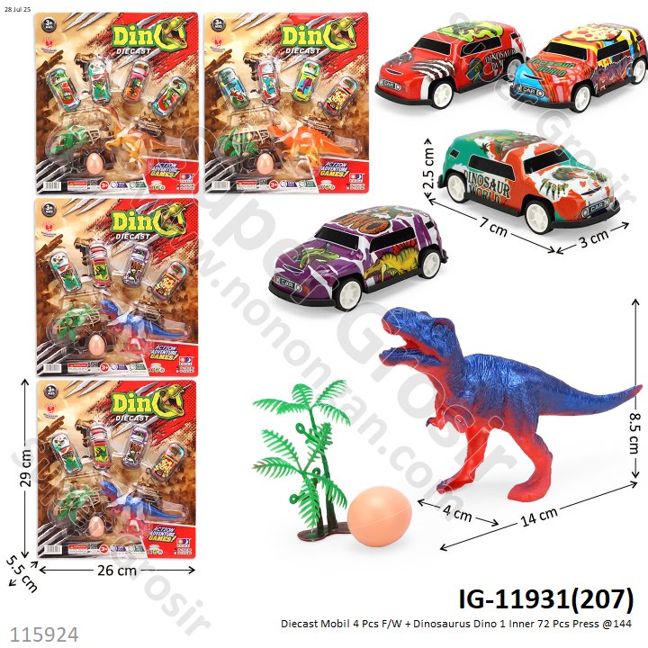 Diecast Mobil 4 Pcs F/W + Dinosaurus Dino 1 Inner 72 Pcs Press @144