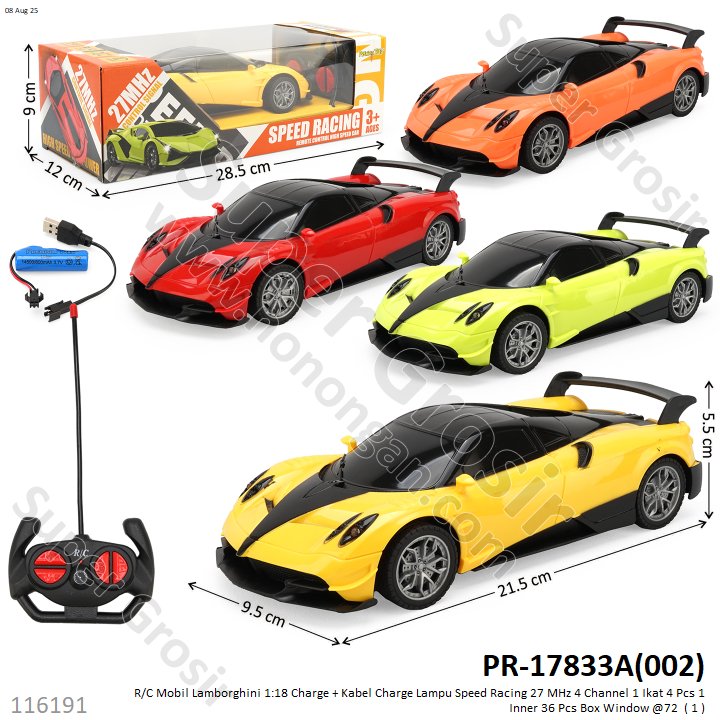 R/C Mobil Lamborghini 1:18 Charge + Kabel Charge Lampu Speed Racing 27 MHz 4 Channel 1 Ikat 4 Pcs 1 Inner 36 Pcs Box Window @72
