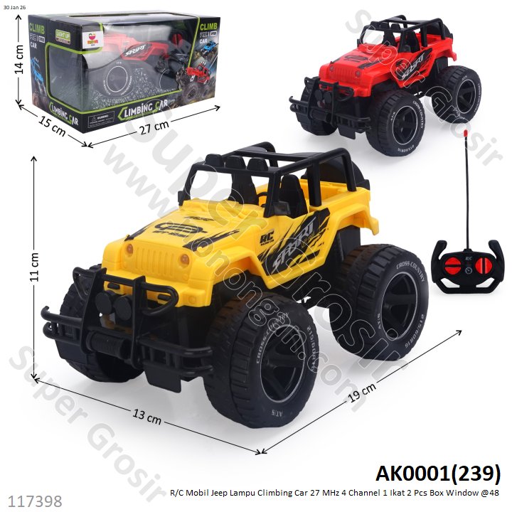 R/C Mobil Jeep Lampu Climbing Car 27 MHz 4 Channel 1 Ikat 2 Pcs Box Window @48