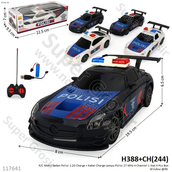 R/C Mobil Sedan Polisi 1:20 Charge + Kabel Charge Lampu Polisi 27 MHz 4 Channel 1 Ikat 4 Pcs Box Window @96