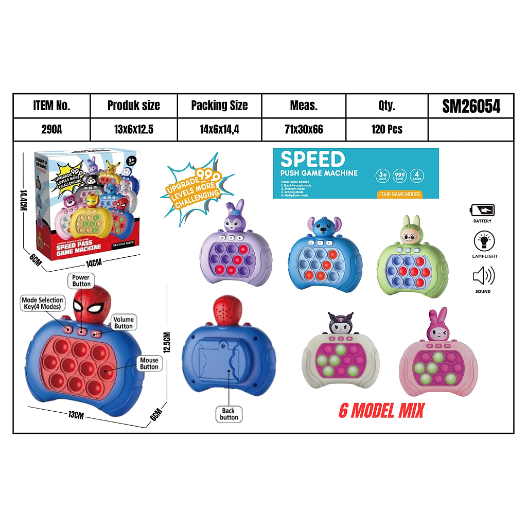 Pop It Elektrik Karakter B/O Suara Lampu Speed Push Machine Box @120