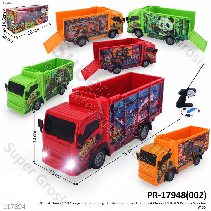 R/C Truk Dump 1:18 Charge + Kabel Charge Telolet Lampu Truck Basuri 4 Channel 1 Ikat 3 Pcs Box Window @60