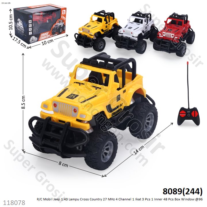R/C Mobil Jeep 1:43 Lampu Cross Country 27 MHz 4 Channel 1 Ikat 3 Pcs 1 Inner 48 Pcs Box Window @96