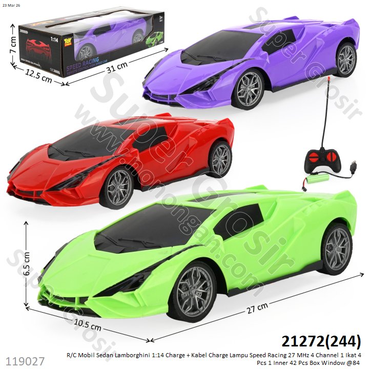 R/C Mobil Sedan Lamborghini 1:14 Charge + Kabel Charge Lampu Speed Racing 27 MHz 4 Channel 1 Ikat 4 Pcs 1 Inner 42 Pcs Box Window @84
