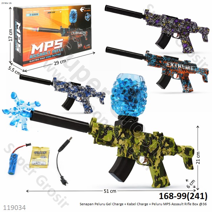 Senapan Peluru Gel Charge + Kabel Charge + Peluru MP5 Assault Rifle Box @36