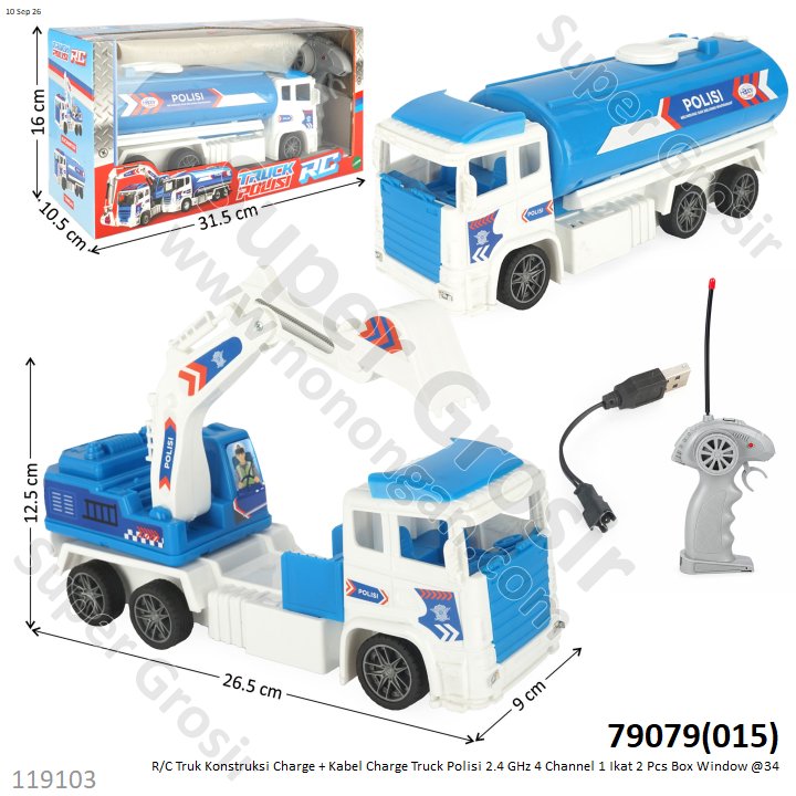 R/C Truk Konstruksi Charge + Kabel Charge Truck Polisi 2.4 GHz 4 Channel 1 Ikat 2 Pcs Box Window @34