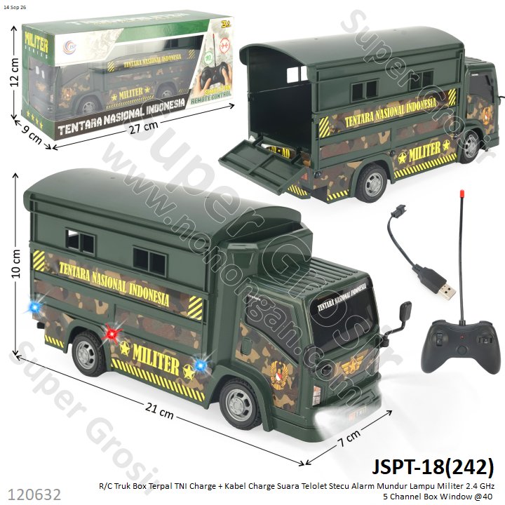 R/C Truk Box Terpal TNI Charge + Kabel Charge Suara Telolet Stecu Alarm Mundur Lampu Militer 2.4 GHz 5 Channel Box Window @40