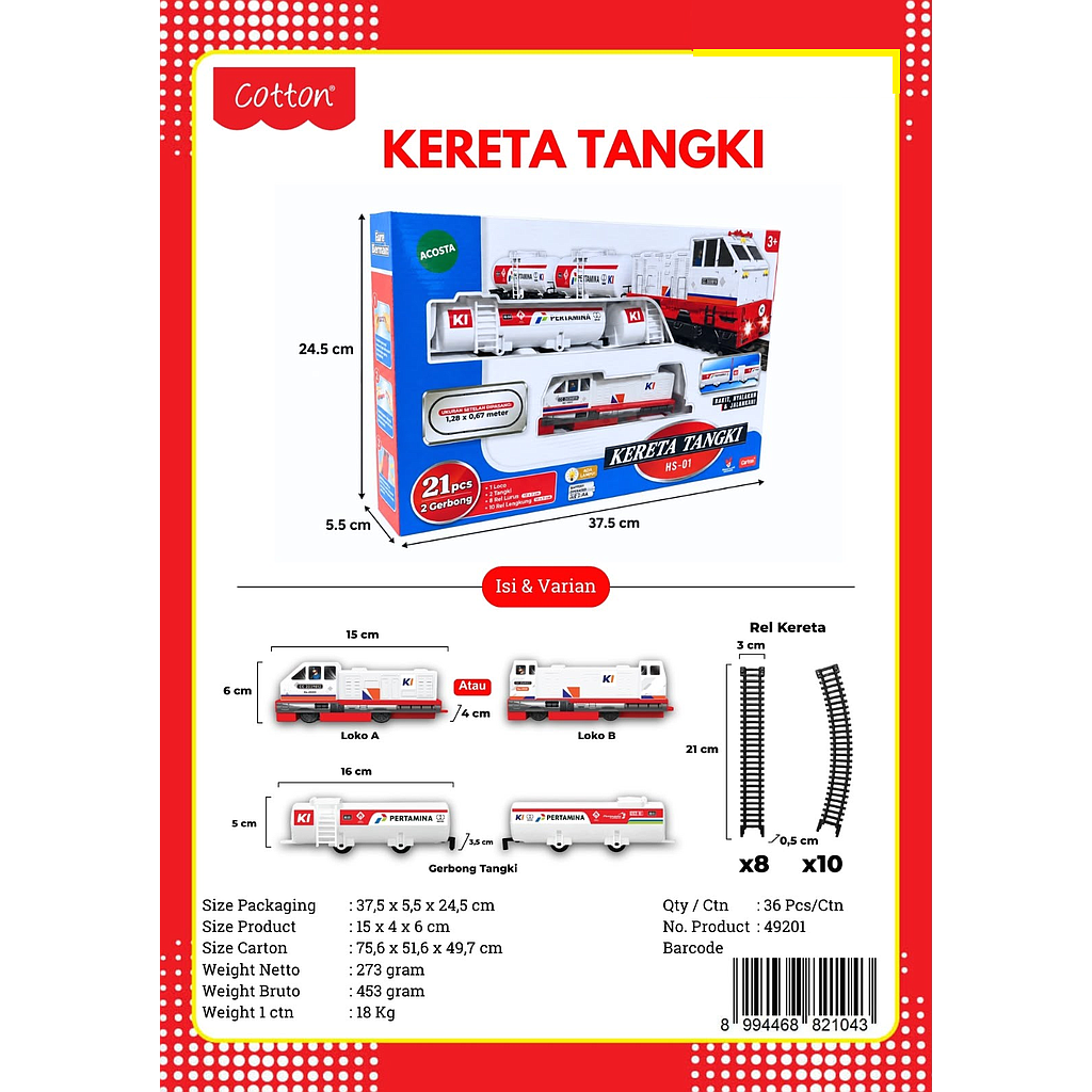 Kereta Api Tangki Pertamina 3 Gerbong dan Track B/O Jalan Lampu Kereta Tangki HS-01 Box Window @36