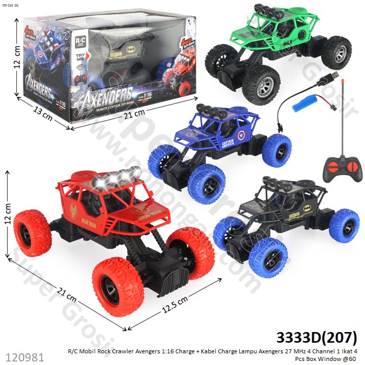 R/C Mobil Rock Crawler Avengers 1:16 Charge + Kabel Charge Lampu Axengers 27 MHz 4 Channel 1 Ikat 4 Pcs Box Window @60