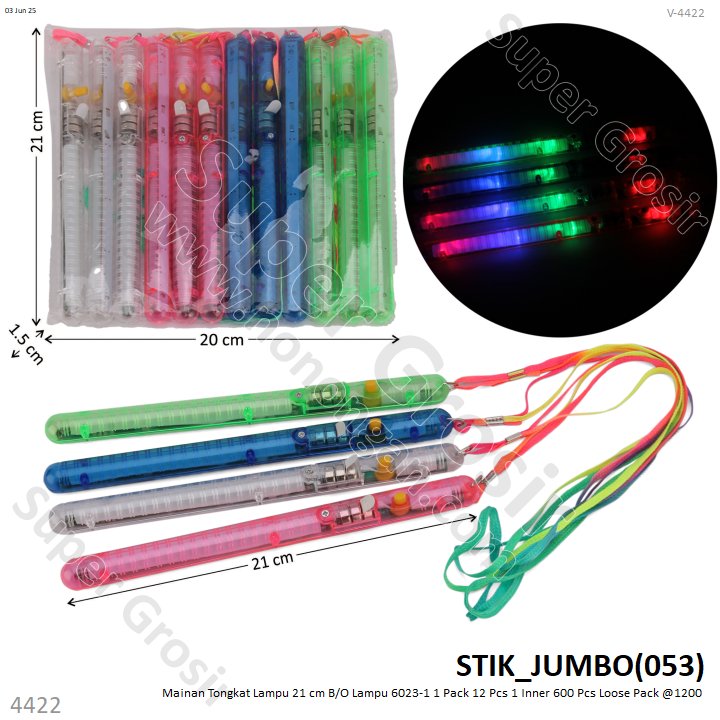 Mainan Tongkat Lampu 21 cm B/O Lampu 6023-1 1 Pack 12 Pcs 1 Inner 600 Pcs Loose Pack @1200