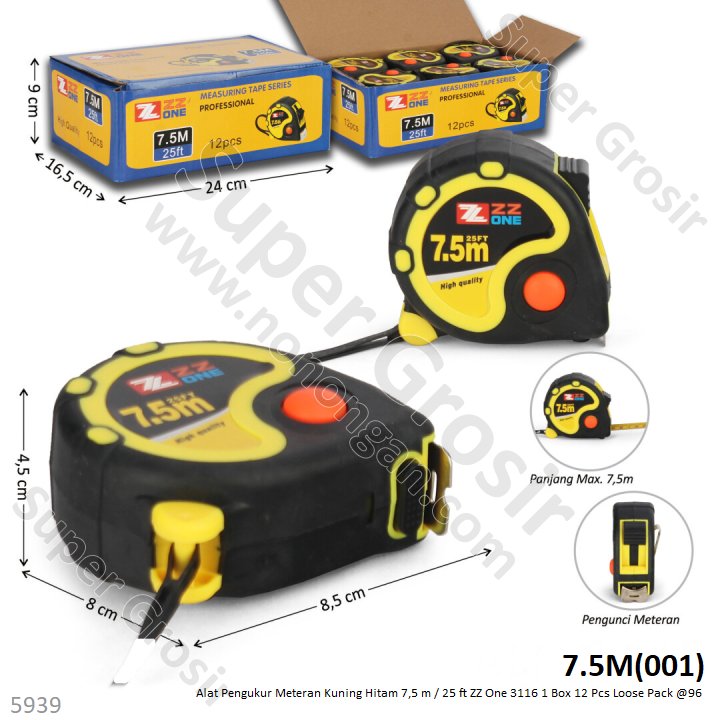 Meteran Kuning Hitam 7,5 m / 25 ft ZZ One 3116 1 Box 12 Pcs Loose Pack @96
